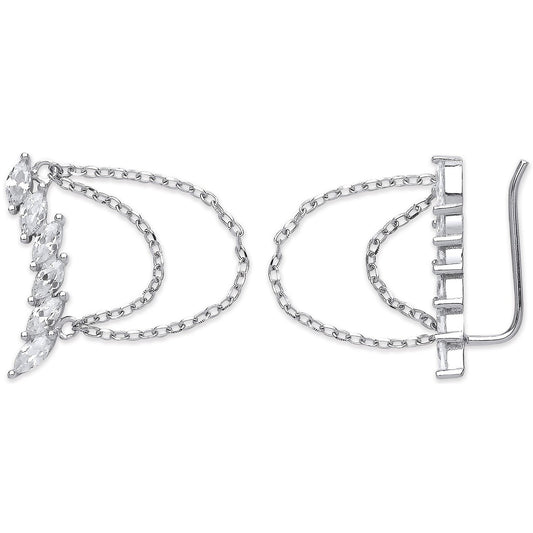 Boucles d'oreilles à clip en forme d'arc en argent avec chaîne et zircone cubique