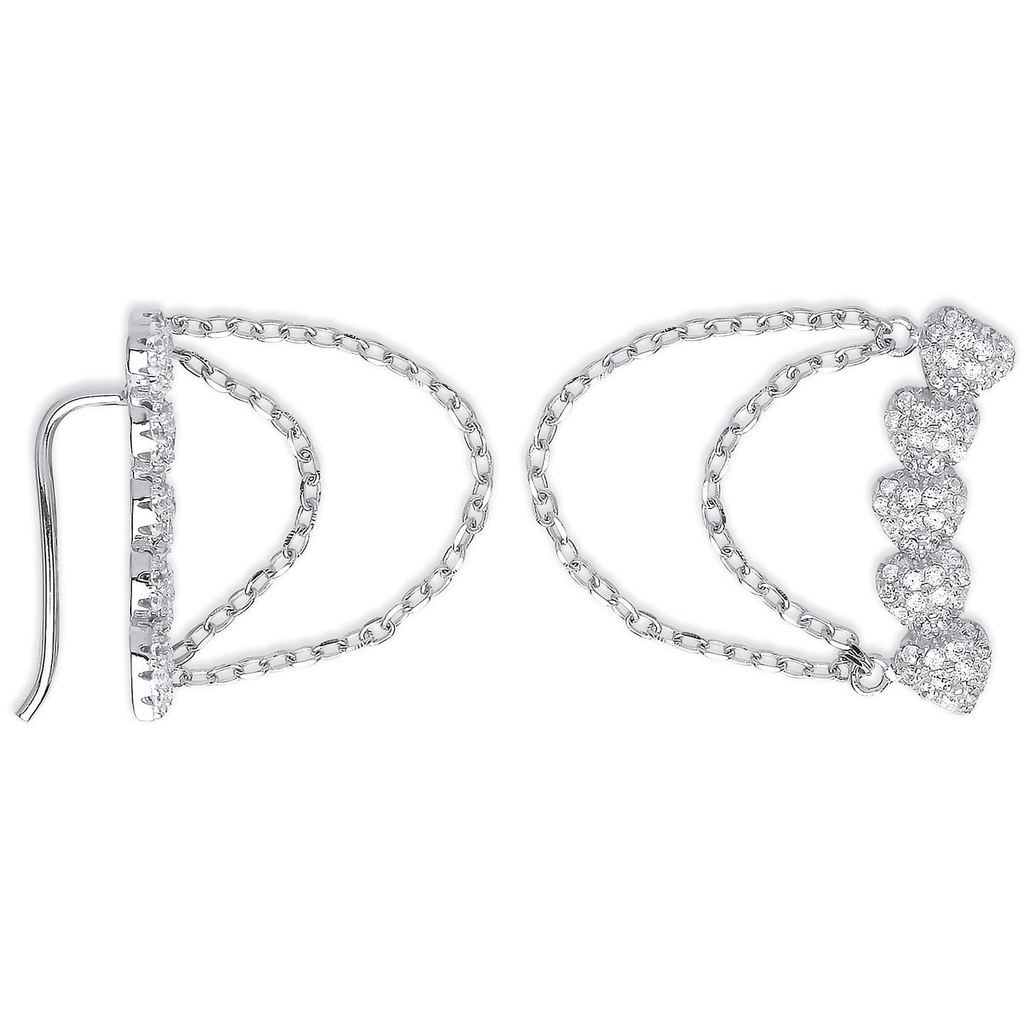 Boucles d'oreilles à clip en forme d'arc en argent avec zircone cubique et chaîne